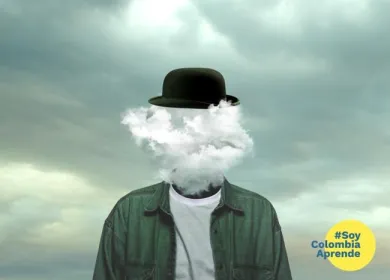 Hombre con sombrero, el fondo es el cielo, y sobre la cara del hombre hay una nube.